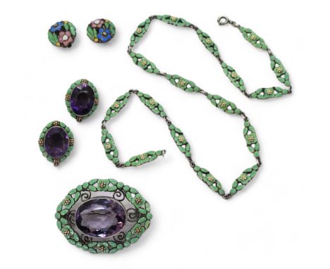 Arts &amp; crafts jewels, made by Bernard Instone. A matching suite of jewels to include a white metal necklace, brooch and e