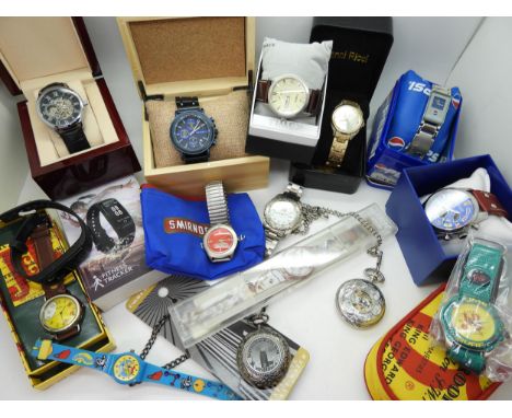 A collection of fashion watches to include, promotional watches for Pepsi, J&amp;B, Smirnoff, a fitness tracker, a Swatch wat