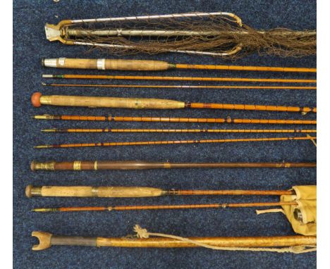 Hardy Brothers Palakona "Teviot" and "Houghton" split-cane fishing rods; a Hardy landing net; two further rods, one by J.J.S.