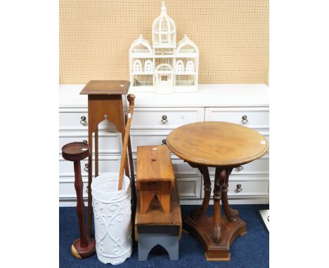 A lot comprising a 20th century birds cage, circular topped occasional table, square top jardiniere, mangowood ashtray stand,