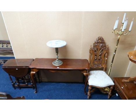 A mixed lot to include 20th century mahogany console table, drop leaf occasional table, carved oak hall chair, pair of bedroo