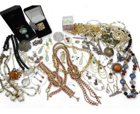 A collection of vintage and costume jewellery to include Monet gold coloured chain necklace, a Ruskin style plaque brooch, go