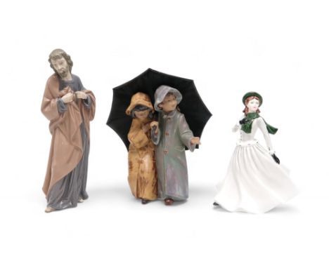 A Lladro group of two children under a umbrella, a Nao figure of a man and a Royal Doulton figure Condition Report:Available 