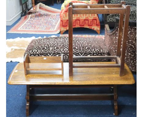 A lot comprising a mid 20th century elm Ercol style coffee table, 43cm high x 122cm long x 45cm deep, oak umbrella stand (lac