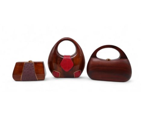 Three Rocio luxury eco fashion acacia wood bags including a Viola natural matt handbag, a red snakeskin and gloss wood handba