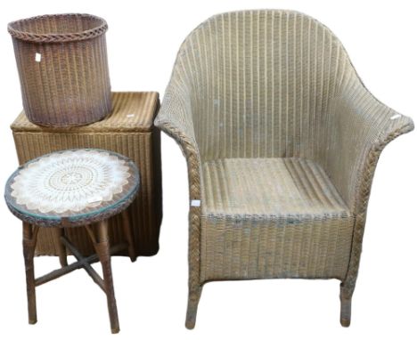 A lot comprising an assortment of Lloyd loom style furniture items to include armchair, circular topped occasional table, lau