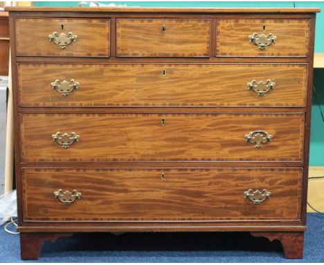 A 19th century mahogany chest of drawers with three short over three long drawers with crossbanded drawer facings on bracket 