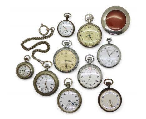 Eight base metal pocket watches, to include two gunmetal examples diameter 3.3cm, and 4.6cm, a Sphinx Lever. Smiths Empire, a