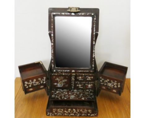 A late 19th century Chinese brass mounted hardwood and mother of pearl inlaid table top jewellery cabinet with fitted interio