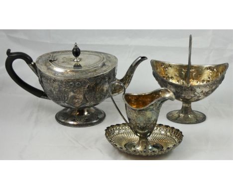 A Victorian four piece silver tea service, Martin &amp; Hall/Walker &amp; Hall, various Sheffield dates, tea pot 1892, sugar 