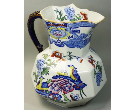 A large 'blue pheasant' octagonal Ashworth's period Mason's Patent Ironstone jug, with a pale lustre rim and hydra handle wit