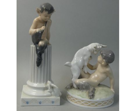 A Royal Copenhagen model printed and painted as the seated figure of a young faun playing with a kid goat, on a circular base