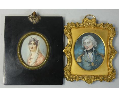 English School, Admiral Lord Nelson, portrait miniature, gouache, ornate gilt frame, 12 x 10 cm overall and another of Joseph