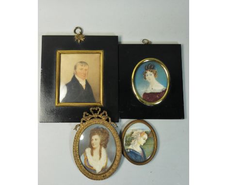 A 19th century portrait miniature of a gentleman, 8. 5 x 7 cm, and three of ladies, various sizes (4). 