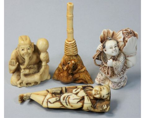 Four Japanese Ivory Netsuke, one carved as a man carrying a bunch of leaves, signed, height 5 cm, another carved as a broom w