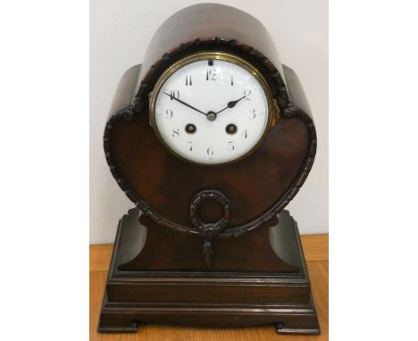 An Edwardian mahogany mantle clock, with white enamel dial, Japy Freres French movement, numbered 40793, lacking bell, pendul