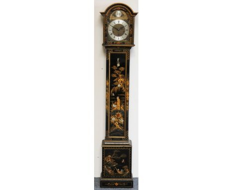 A Chinoiserie black painted small longcase clock, the 8" gilt dial with silvered chapter ring, signed Tempus Fugit, the non w