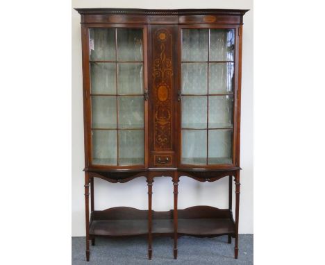 An Edwardian mahogany and boxwood inlaid display cabinet, the central floral inlaid panel flanked by eight bowed glazed panel