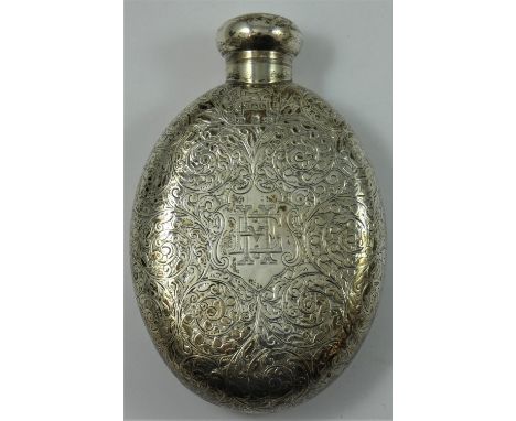 A Victorian silver hip flask, by M &amp; L, Birmingham, 1896, of oval form with scroll engraved decoration, screw cap, monogr