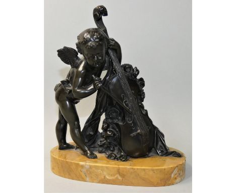 A French 19th century bronze figure of a cherub playing a chello, unsigned, mounted on a marble base, height 23 cm.