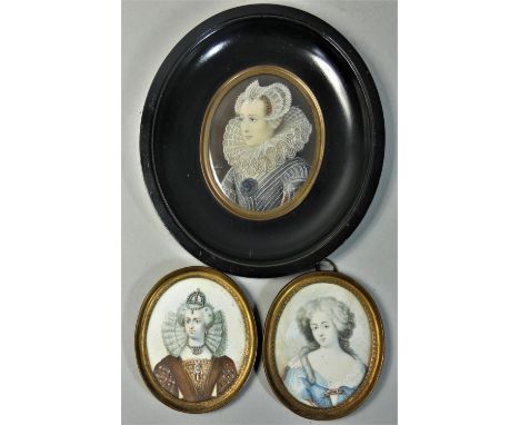 English school, Elizabeth I portrait, signed, gouache, 6.5 x 5.5 cm, another Elizabethan lady, signed, 8 x 6 cm, and a French