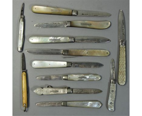 A collection of ten Georgian and later silver bladed and mother of pearl fruit knives, various dates and makers, one with a b