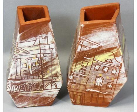 Meghan Downs (British contemporary), a pair of irregular slab built ceramic vessels, incised architectural decoration, one wi