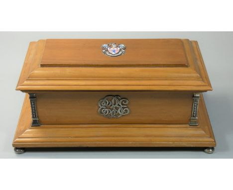 A light oak, silver and enamel Thornaby on Tees Freedom Casket, London 1956, with enamel coat of arms, opening to reveal a pr