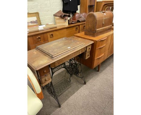 Singer cast base treadle sewing machine and vintage Singer hand sewing machine (2).