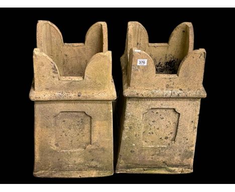 Pair vintage castellated top chimney pots, 55cm.