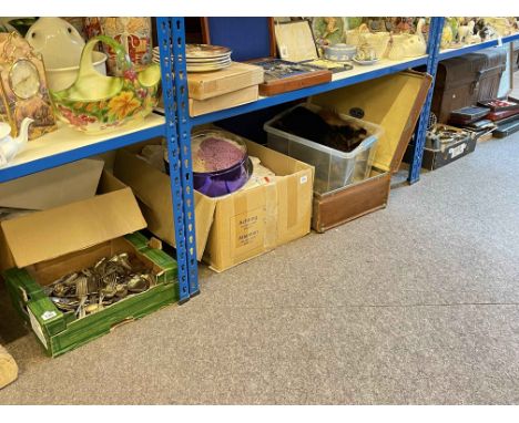 Collection of silver plated wares, tins, metal trunk, cased cutlery, linens, fox furs, etc.