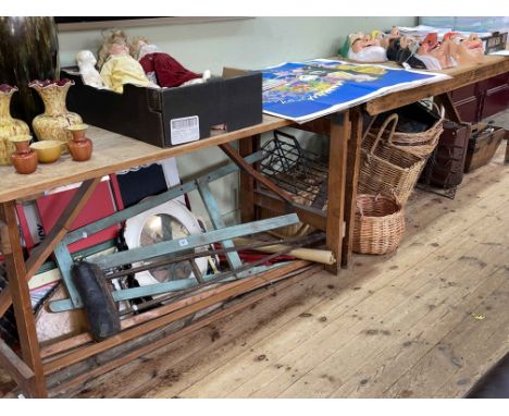 Omega display stand, wicker baskets, vintage case, vintage crutch, metalwares, etc.