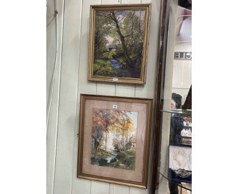 R Scott Temple, Country Cottage by a Stream, watercolour, signed lower right, 40cm by 32cm, in glazed frame and an Unsigned l