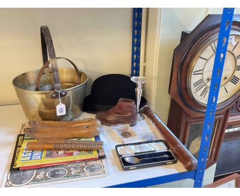 Boxed silver spoon and spill vase, Special Constabulary Medal 'John E Horseman', jam pans, top hat, R Murray, Richmond wall c