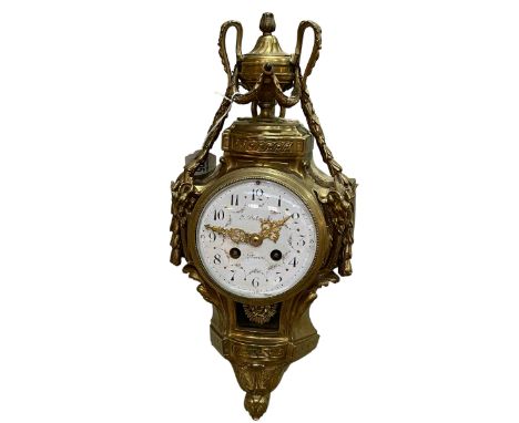 French brass wall clock with enamel floral decorated dial, 41cm.