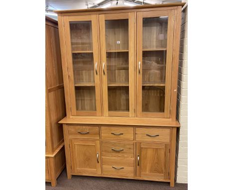 Contemporary light oak triple glazed top dresser, 201cm by 138cm by 43cm.