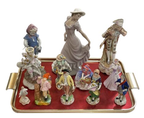 Eight Continental figures, Royal Doulton and Coalport figures, cherub candlestick and Nao lady (12).