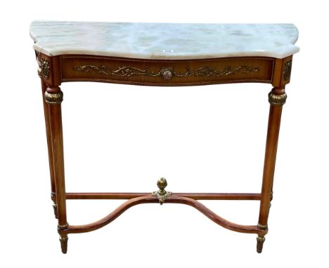 Continental marble topped and brass mounted serpentine front console table, 77cm by 88cm by 31cm.