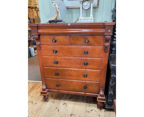 Victorian scotch chest of two short and five long drawers on turned legs, 151.5cm by 122.5cm by 65cm.