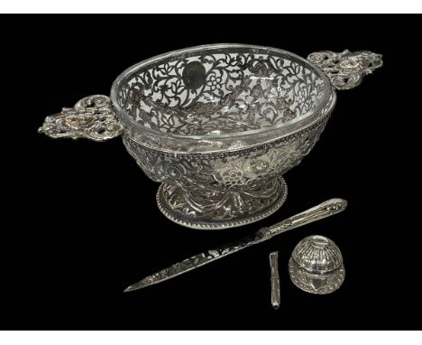 Victorian silver two handled dish with glass liner, Charles Thomas and George Fox, London 1859, 26.5cm across, together with 