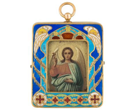 A FABERGE GOLD AND ENAMEL ICON PENDANT OF A GUARDIAN ANGEL, MARK OF KARL FABERGE WITH IMPERIAL WARRANT, MOSCOW, 1908-1917the 