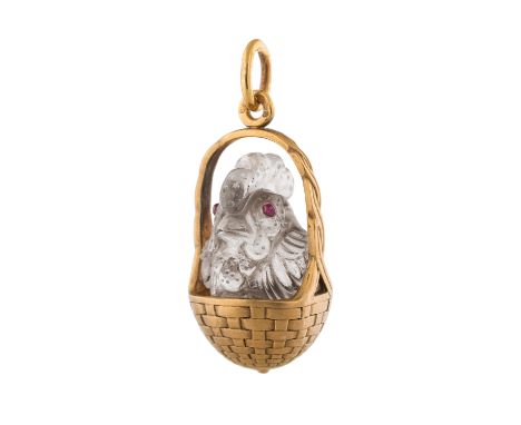 A FABERGE GOLD AND GLASS EGG PENDANT IN THE FORM OF A HEN IN A BASKET, MARKED K.F. FOR WORKMASTER KARL FABERGE, MOSCOW, 1898-