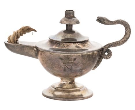 AN ENGLISH SILVER OIL LAMP, BIRMINGHAM, 1925in the form of an Aladdin lamp with snake handle, Nelidov family monogramm on the