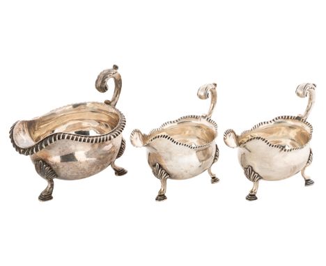 A GEORGE III AND GEORGE IV STERLING SILVER SET OF THREE SAUCERS, WORKMASTERS WILLIAM SKEEN, 1769 AND REBECCA EMES AND EDWARD 
