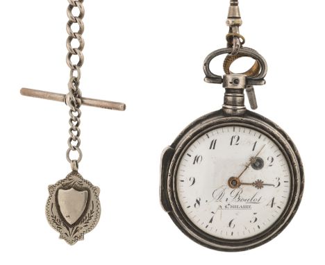 STERLING SILVER POCKET WATCH WITH KEY ON CHAINwhite enamel dial with Arabic numerals has small scratches, outer minute ring, 