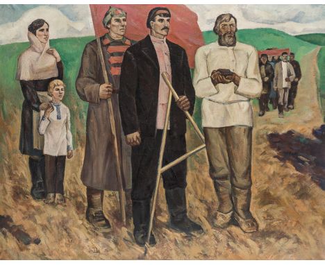 GRIGORY TYSHKEVICH (UKRAINIAN B. 1940)Land to the Peasants, 1970oil on canvas130.5 x 164.8 cm (51 3/8 x 64 7/8 in.)signed, da