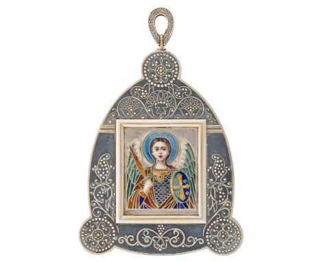 A FABERGE PARCEL GILT SILVER PENDANT ICON OF A GUARDIAN ANGEL, MOSCOW, 1909of shaped triangular form, the textured ground app