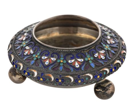 A RUSSIAN SILVER AND FILIGREE ENAMEL SALT, WORKMASTER GUSTAV KLINGERT, MOSCOW, 1888decorated with flowers and leaves in a for
