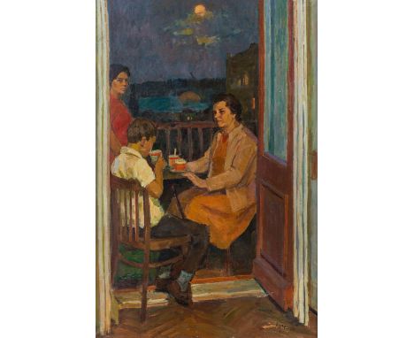 YEVGEN LUCHENKO (UKRAINIAN 1914-1994) On the Balcony, 1970 oil on canvas 148.5 x 99.5 cm (58 1/2 x 39 1/8 in.) signed lower r