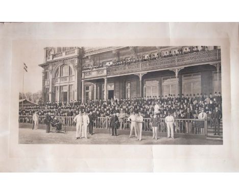 Cricket. Lords, The Pavilion - Before the Match, a large group portrait with meticulous detail in every face, photogravure be